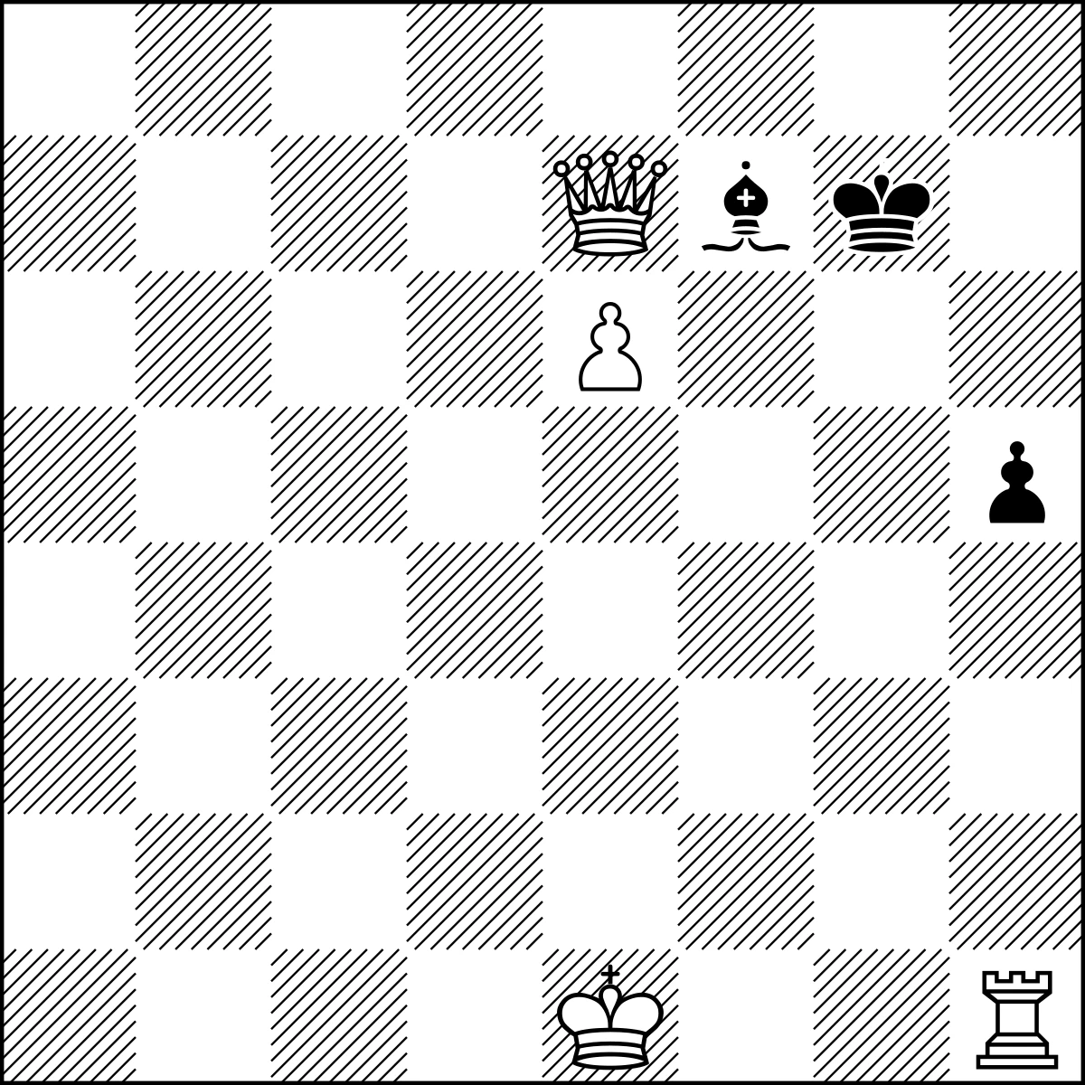 Chess puzzle diagram — FEEN: 8/4Qbk^1/4P3/7p/8/8/8/4K^2-R 7p2n2rbq/7P2B2NR W/w